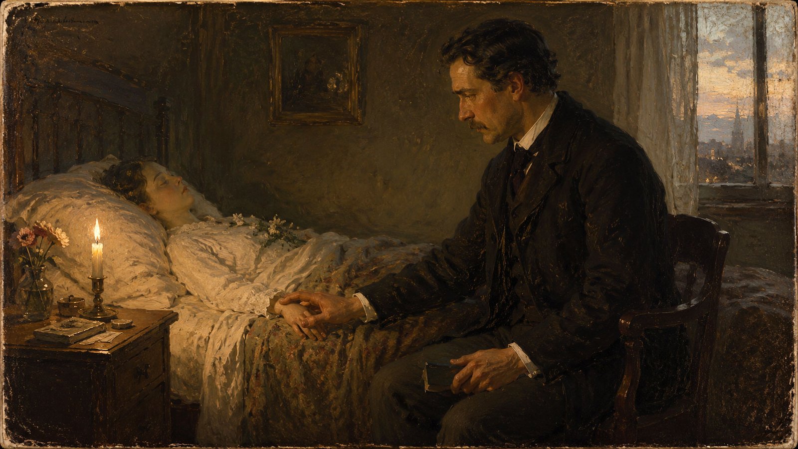 Classical oil-painting scene of an adult man sitting beside the bed of an unconscious or deceased adult woman in a dim nineteenth-century room. He holds her hand while a candle burns on the bedside table and early light enters through the window. The image reflects grief, death, consciousness after death, Spirit, the soul, and the SoulCredo question of what continues when the physical vessel can no longer sustain life.
