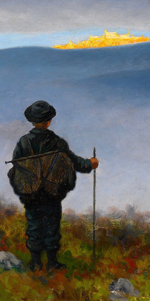 The image shows a young boy getting ready for a and long journey, he is on the top of a hill, exited, looking far away towards a golden castle on the unreachable horizon. It is the symbol of perfect yet far away happiness. The image represents the Spiritual Awakening Journey and Self-Fulfillment. Painting by Kittelsen - Soria Moria Palace. Google Art Project – SoulCredo