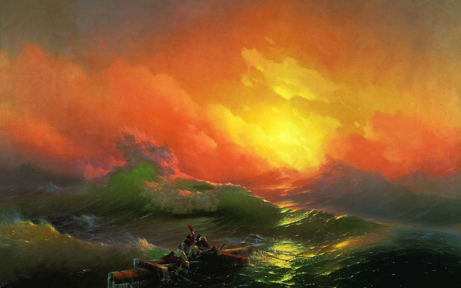 Image representing sufferings of our recent pandemic - Image shows boat crash survivors fighting the angry sea. Painting by Ivan Aivazovsky