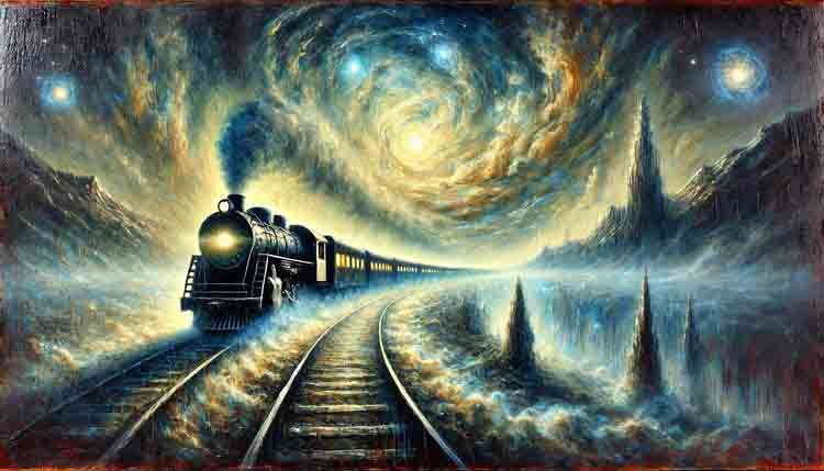 Image representing Val Sky and SoulCredo post: Feel of Left BehindI mage is by DALL-E - A-surreal-and-mysterious-wide-oil-painting-of-a-train-symbolizing-the-journey-of-life