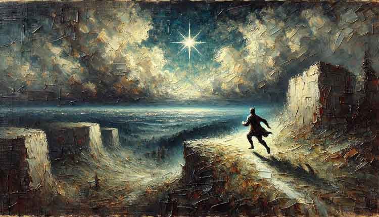 An image depictin teh theme of Soul Credo articleFFinfing Purpose in Life, by Val Sky - It shows a persobn running fast towards the North Star