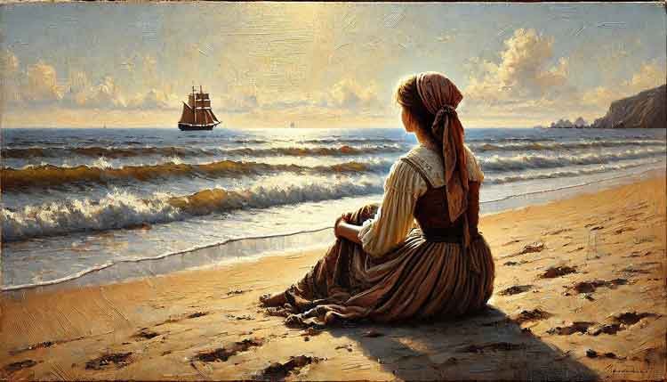 An image reflecting SoulCrredo article, by Val Sky: Finding Purpose in Life - A girls sitting in a sea shore looking at a ship.