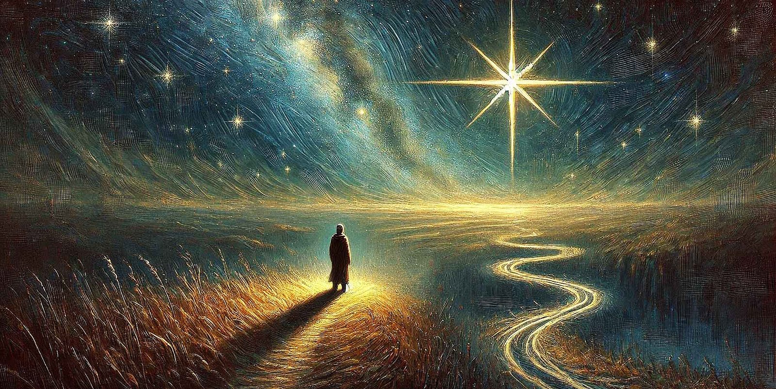 An image depicting SoulCredos article by Val Sky: Finding Purpose in Life" - The image shows a person at night looking towards North Star