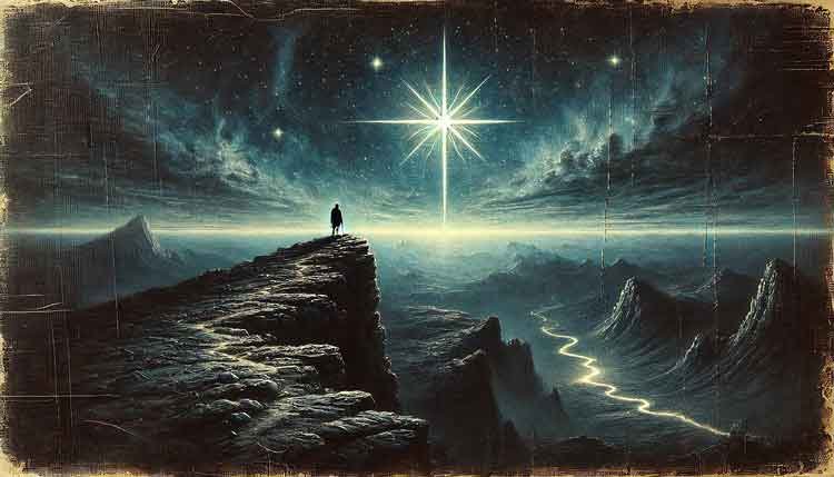 An image depictin teh theme of Soul Credo article: Finfing Purpose in Life, by Val Sky - It shows a person standing an a cliff looking at the North Star