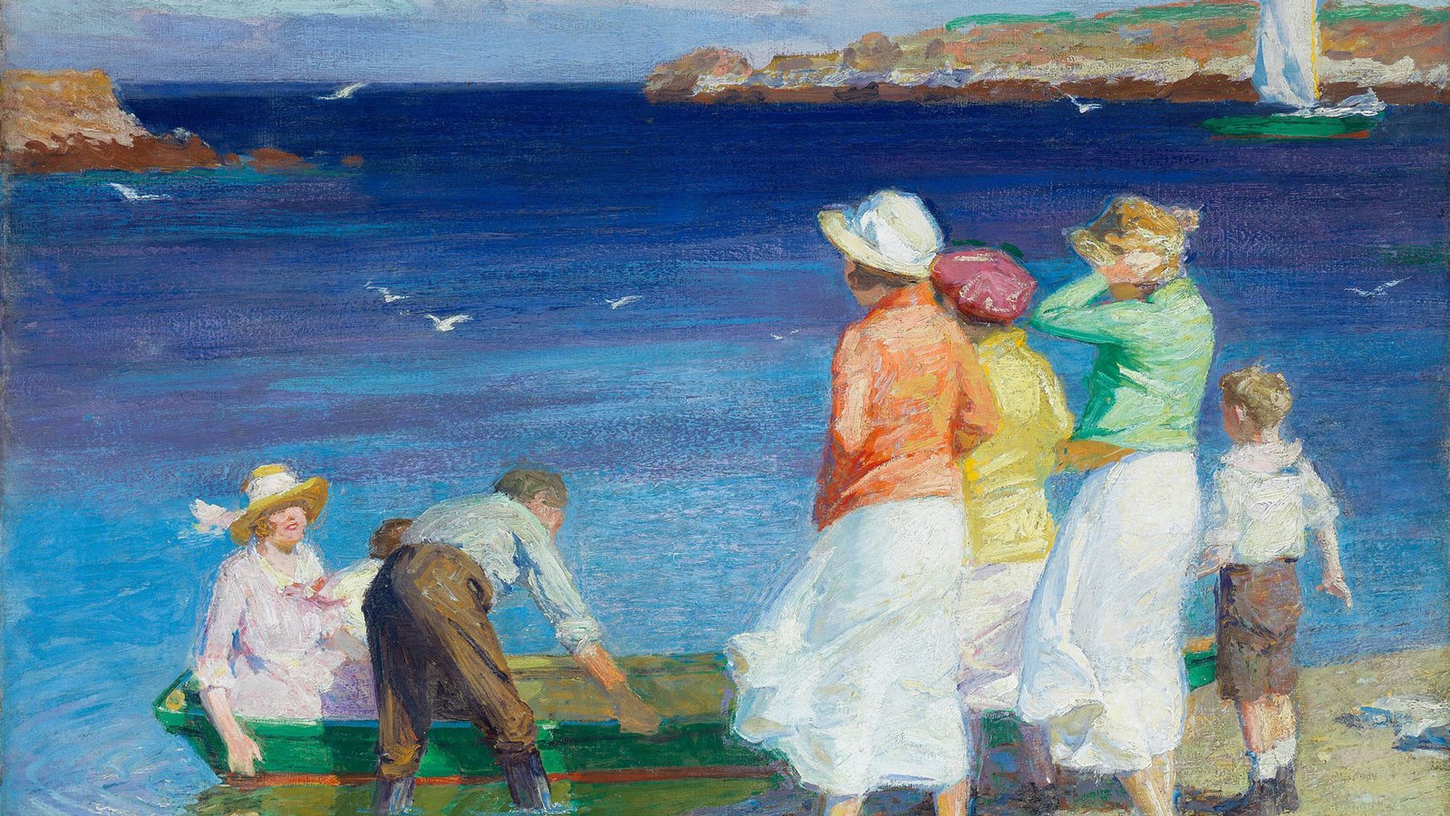 Image representing a Healthy Living. Image shows a group of happy people by a lake shore. Painting by Edward Henry Potthast.