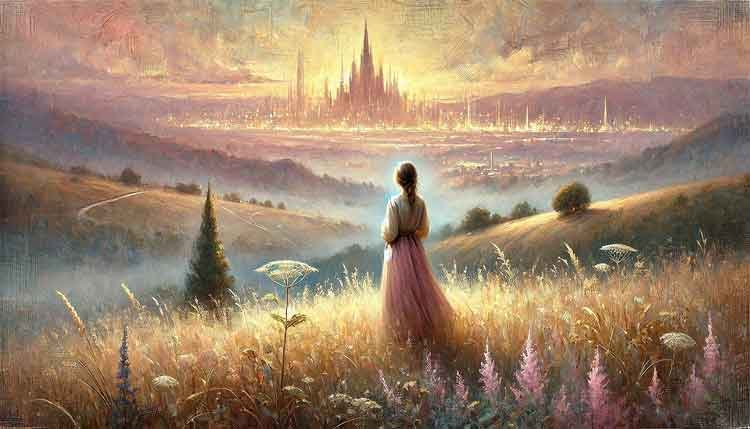 Image depicting SoulCredo post "What is Happiness. Image shows a girl looking far into a city. Image inspired by Val Sky.