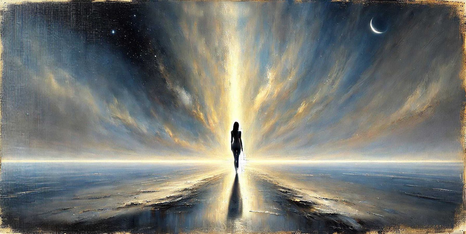 A oainting reflecting SoulCredo's and Val Sky's post: 'What is Happiness"-image shows a lady walking into unknown-Image is inspited by Val Sky and created by DALL-E
