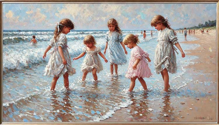 Image representing SoulCredo post-What is Happiness? image shows little girls playing in shallow waters of an ocean beach.