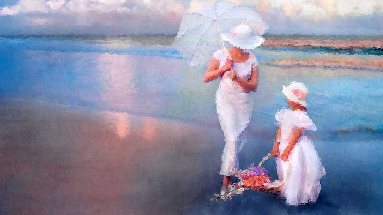 The image representing the essence of the post-"What is Happiness". The image shows mother and doughter being happy in the morning on a seashore. The image is by Val Sky.