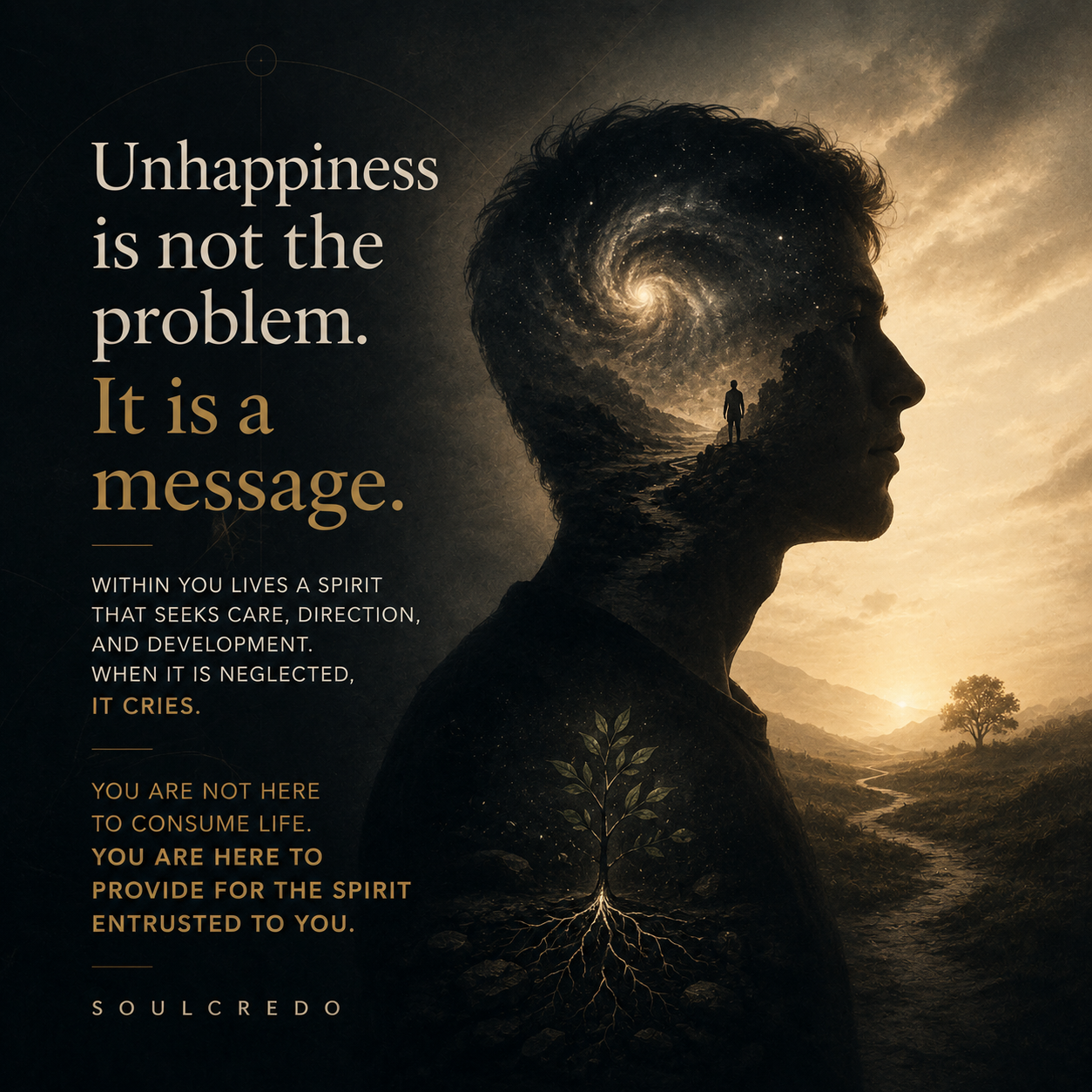 A philosophical SoulCredo digital artwork exploring the meaning of unhappiness, consciousness, spirituality, self-discovery, and personal growth. A contemplative human silhouette stands against a dramatic landscape at sunrise, symbolizing the journey toward purpose, happiness, and self-realization. Inside the figure's mind appears a cosmic spiral galaxy representing consciousness, the Spirit, the soul, inner awakening, and humanity's search for meaning. A growing tree with deep roots symbolizes personal development, resilience, self-improvement, destiny, psychological growth, and spiritual evolution. The image features inspirational philosophical text about unhappiness being a message rather than a problem, emphasizing self-knowledge, fulfillment, inner peace, life purpose, existential philosophy, human potential, emotional well-being, mindfulness, soul development, and becoming the best version of oneself. Dark and golden tones create a reflective atmosphere associated with wisdom, transformation, happiness, spirituality, personal responsibility, mental health, philosophy of life, meaning of existence, and the relationship between consciousness and the human spirit. Keywords: happiness, unhappiness, philosophy, spirituality, consciousness, soul, spirit, self-discovery, self-development, personal growth, purpose, meaning of life, existentialism, inner peace, fulfillment, mindset, psychology, wisdom, transformation, destiny, self-knowledge, emotional health, human potential, life philosophy, spiritual growth, awakening, reflection, mindfulness, resilience, motivation, inspiration, SoulCredo.