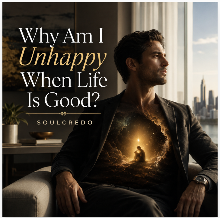 SOULCREDO showing a thoughtful man overlooking a peaceful ancient city at sunset, symbolizing the inner cry, soul pain, the Divine Spark, the Baby God, personal growth, purpose, happiness, spiritual awakening, self-development, and becoming the Guardian within. Select